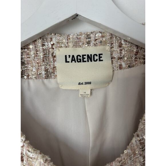 L'Agence Blazer Jacker 12 Womens Tan Beige Gold Open Front Tweed Pattern - Picture 5 of 14